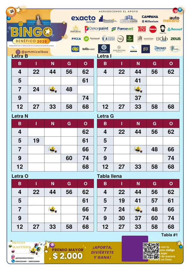Tabla personalizada para el Bingo Benéfico PMMI 2026, con los logos de sus auspiciantes